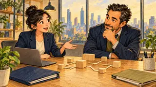 Karikatur konseptual lulusan rekaan mempelajari pilihan tugas bersama pembimbing di ruang kerja umum, tanpa mewakili kantor perusahaan tertentu.