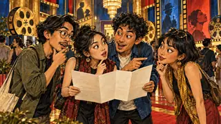 Karikatur konseptual: Pengunjung festival film fiktif memilih pemutaran dan bertukar pertanyaan. Bukan foto kejadian atau potret tokoh sebenarnya.