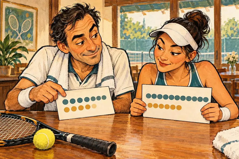 Karikatur konseptual pembaca tenis membandingkan dua format tie-break.