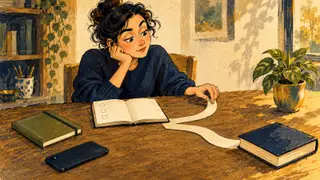 Karikatur konseptual pembaca rekaan meninjau catatan sederhana untuk memilih langkah berikutnya, sementara buku pribadinya tetap tertutup dari publik.
