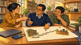 Karikatur konseptual pengelola perpustakaan membagi tanggung jawab pemulihan layanan dengan kunci, peta sederhana dan perangkat cadangan. Adegan rekaan.