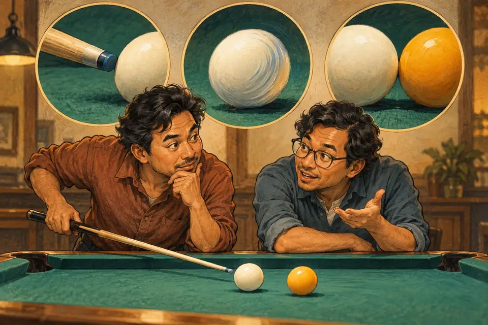 Karikatur konseptual tiga gambaran arah bola biliar untuk membedakan squirt, swerve dan throw.