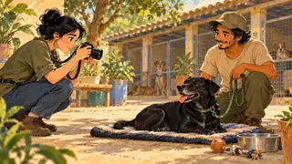 Karikatur konseptual relawan rekaan memotret anjing dari jarak yang aman tanpa memaksakan pose, bukan foto adopsi hewan tertentu.