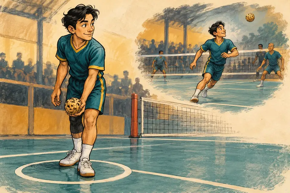Karikatur konseptual tekong pada lingkaran servis dan pergerakan pemain takraw saat reli.
