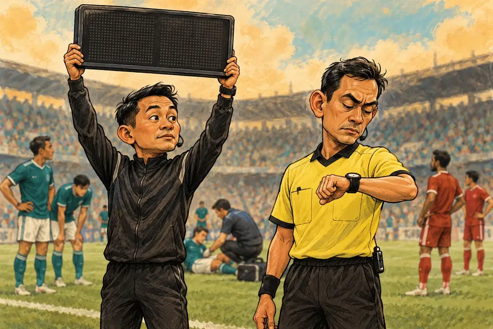 Karikatur konseptual ofisial dengan papan kosong dan jam analog di tepi lapangan, menggambarkan waktu tambahan minimum.