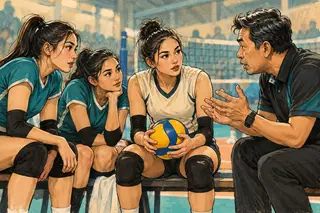 Karikatur konseptual pemain libero dengan jersi berbeda saat berbicara bersama rekan tim voli.