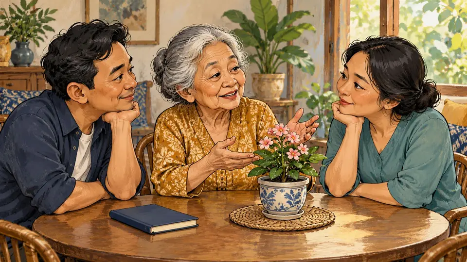 Karikatur konseptual seorang lansia rekaan membicarakan hal yang penting baginya, sementara dua anggota keluarga mendengarkan.