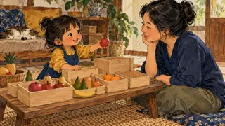 Karikatur konseptual anak dan pengasuh rekaan bermain toko dengan benda sederhana, tanpa klaim kecerdasan atau prestasi.