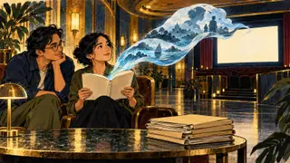 Karikatur konseptual dua pembaca rekaan menghubungkan buku, layar bioskop kosong, dan arsip yang perlu diperiksa.