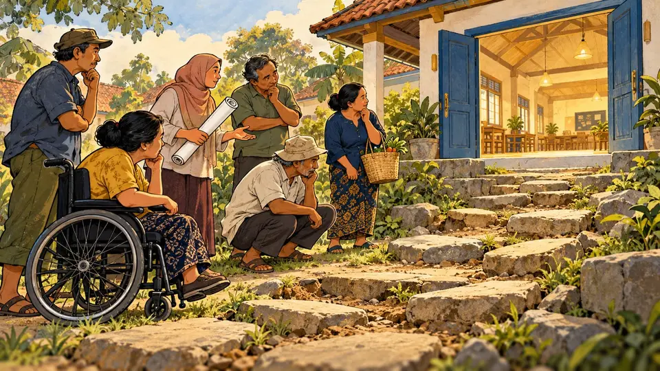Karikatur konseptual warga menilai jalur tidak rata menuju pintu balai yang terbuka, sebagai kiasan perbedaan aturan dan kemampuan berpartisipasi. Adegan rekaan.