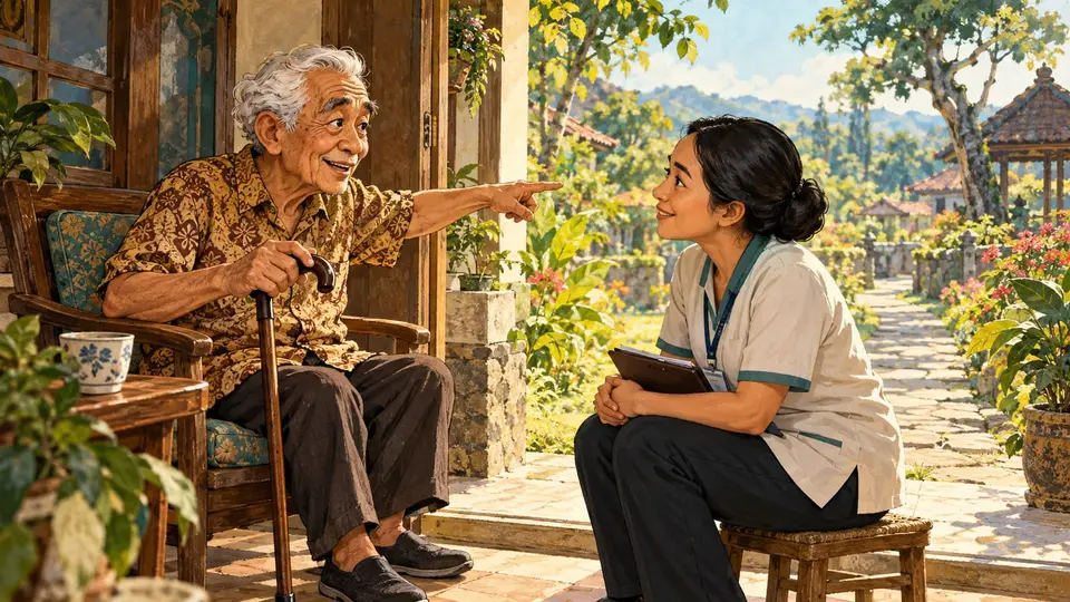 Karikatur konseptual lansia dan pendamping layanan rekaan membahas kegiatan yang ingin tetap dilakukan di dekat halaman, tanpa demonstrasi latihan.