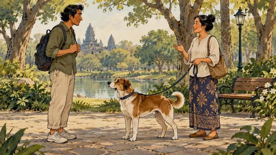 Karikatur konseptual pengamat dewasa rekaan memperhatikan keseluruhan postur anjing dari jarak yang terjaga, tanpa menerjemahkan ekor menjadi jaminan aman.