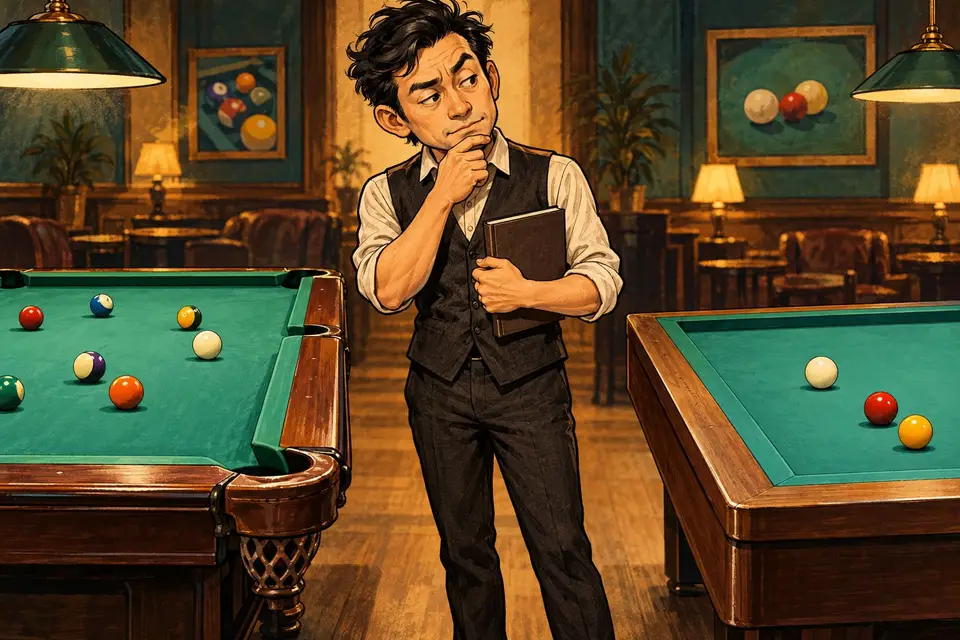 Karikatur konseptual pembaca membandingkan meja dan perlengkapan beberapa disiplin biliar.