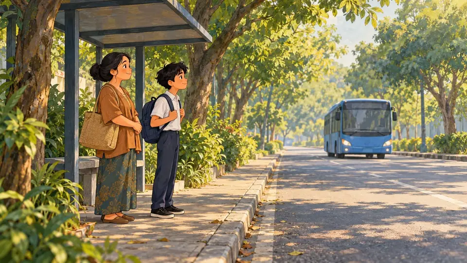 Karikatur konseptual pelajar rekaan menunggu transportasi menuju sekolah dalam suasana pagi, tanpa angka jam masuk atau janji manfaat kebijakan.