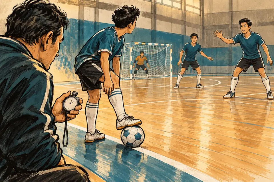 Karikatur konseptual pemain futsal menyiapkan tendangan ke dalam sambil melihat kesiapan rekan.