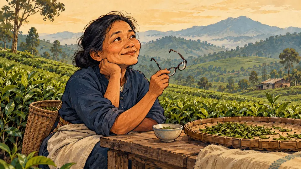 Karikatur konseptual pekerja dewasa rekaan mengamati daun teh sambil memegang kacamata dekat, bukan gambaran peserta atau hasil uji PROSPER.