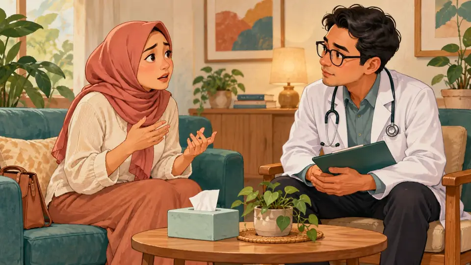 Karikatur konseptual pasien dewasa rekaan membicarakan riwayat keluhan dengan tenaga kesehatan, tanpa menentukan kebutuhan antibiotik dari satu gejala.