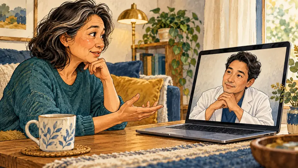 Karikatur pasien berdiskusi melalui panggilan video dengan tenaga kesehatan yang mendengarkan.