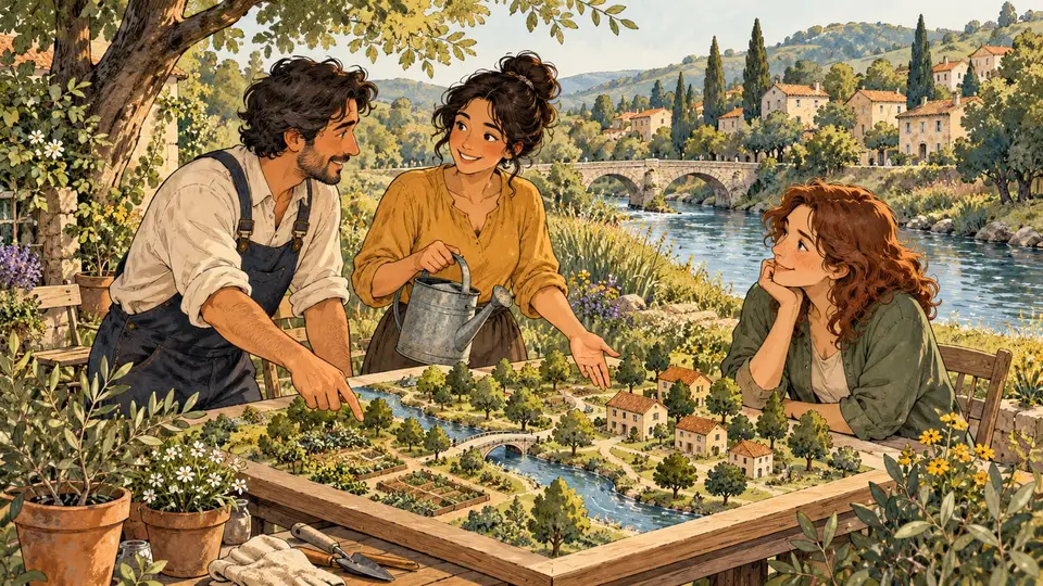 Karikatur konseptual warga membicarakan hubungan sungai, kebun dan rumah, menggambarkan keterkaitan lingkungan dengan kehidupan manusia. Adegan rekaan.
