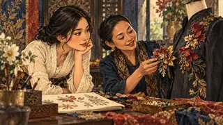 Karikatur konseptual: Perempuan dan perajin fiktif mengamati aksen bunga tekstil pada pakaian. Bukan foto kejadian atau potret tokoh sebenarnya.