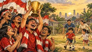 Karikatur konseptual: Pendukung sepak bola merayakan trofi dan keluarga bersiap bermain bola. Bukan foto kejadian atau potret tokoh sebenarnya.