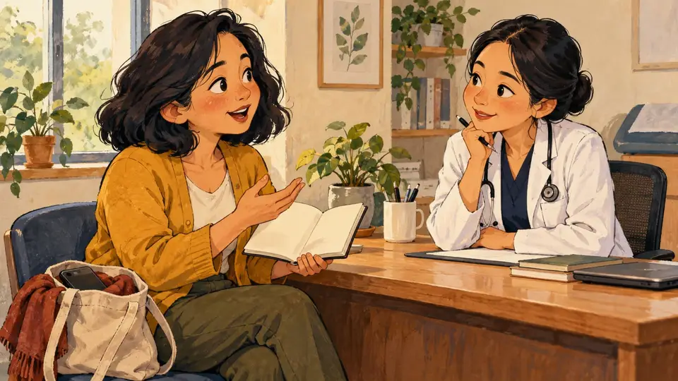 Karikatur konseptual pasien dewasa rekaan membawa catatan pribadi ke percakapan kesehatan, tanpa menampilkan skala nyeri atau diagnosis.