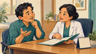 Karikatur konseptual pengunjung bertanya kepada tenaga kesehatan tentang lembar hasil pemeriksaan dan tindak lanjutnya.