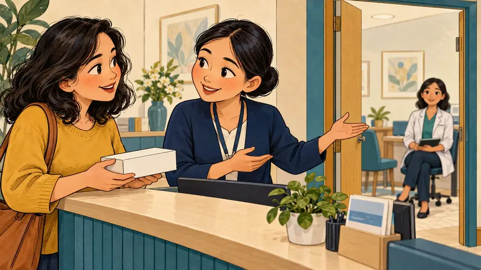 Karikatur perempuan membicarakan tindak lanjut layanan dengan petugas sambil membawa paket pemeriksaan tertutup.