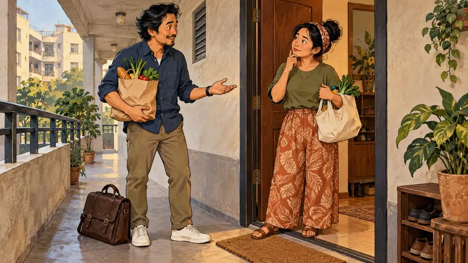 Karikatur konseptual dua tetangga dewasa rekaan menyepakati bantuan membawa belanja sambil tetap membicarakan batas kemampuan.