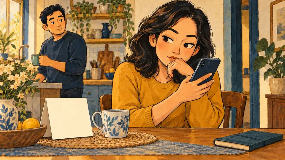 Karikatur perempuan menjaga privasi layar ponsel saat berada bersama anggota keluarga di rumah.