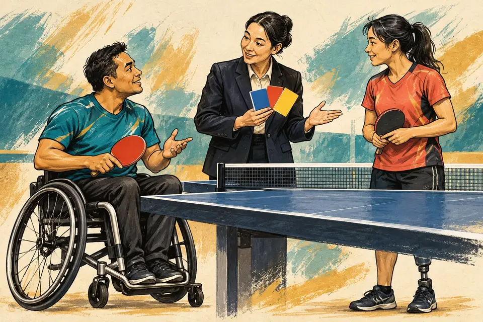 Karikatur konseptual pemain para tenis meja dan petugas membahas kelompok klasifikasi, bukan urutan prestasi.