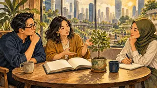 Karikatur konseptual peserta diskusi rekaan menghubungkan buku, lingkungan kota, dan pilihan tindakan sehari-hari.
