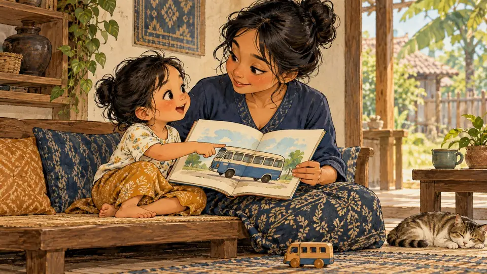 Karikatur konseptual pengasuh dan anak rekaan berbincang sambil melihat buku bergambar tanpa teks di ruang baca yang hangat.