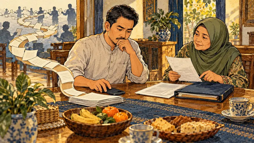 Karikatur konseptual anggota keluarga rekaan menahan pengiriman pesan sambil memeriksa asal dan konteks kabar bersama.