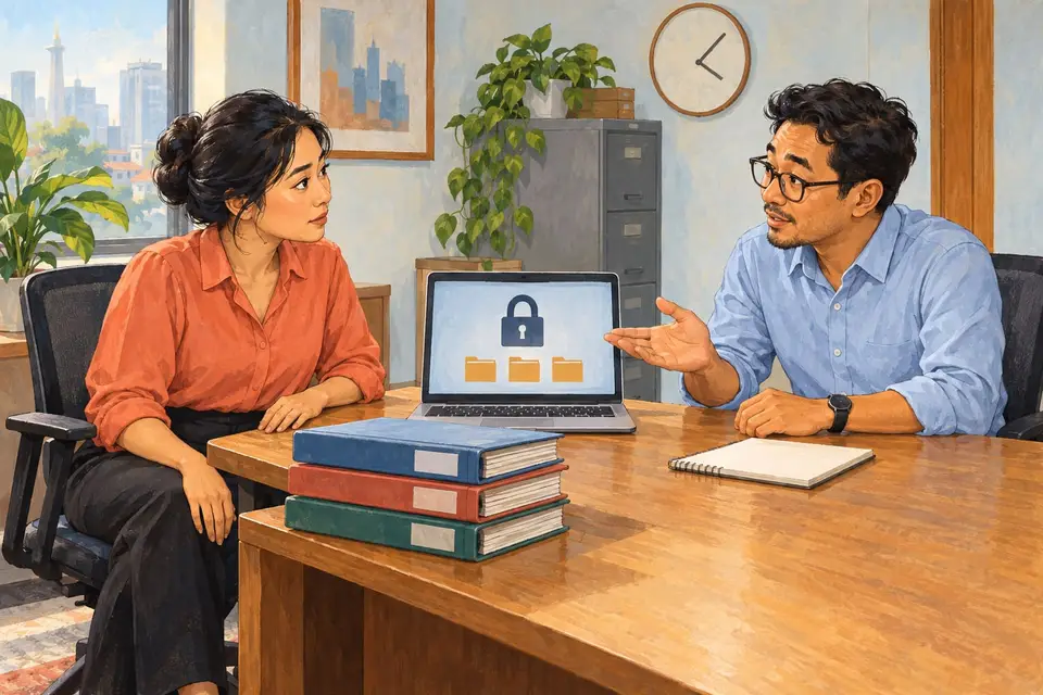 Karikatur dua rekan kerja membahas laporan di depan laptop dengan simbol gembok dan folder, menggambarkan kebutuhan akses data dan dukungan kerja. Tokoh dan adegan rekaan.