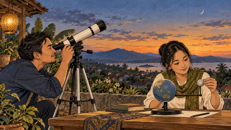 Karikatur konseptual dua orang menggunakan pengamatan teleskop dan model astronomi untuk mengenalkan perbedaan cara kerja rukyat dan hisab. Adegan rekaan tanpa penetapan tanggal.