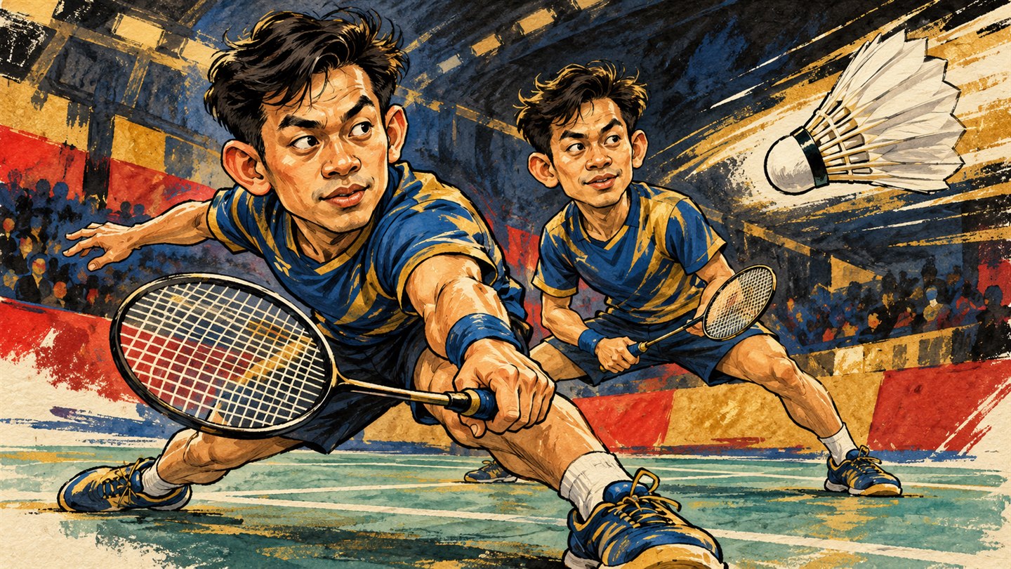 Karikatur konseptual: Dua pemain badminton fiktif menyesuaikan permainan dengan laju shuttlecock. Bukan foto kejadian atau potret tokoh sebenarnya.