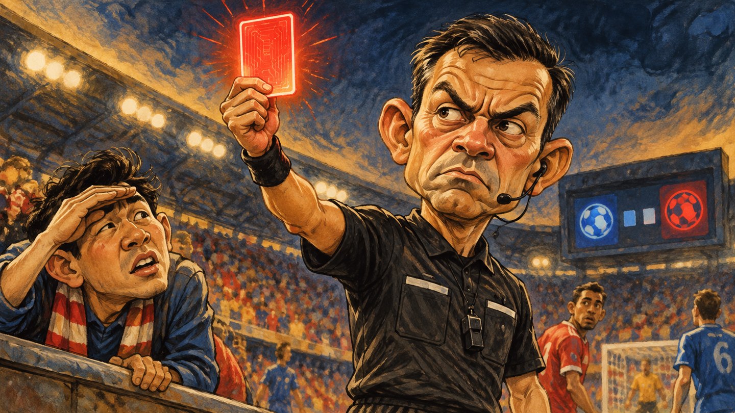 Karikatur konseptual: Wasit fiktif menunjukkan kartu elektronik yang perlu terbaca penonton. Bukan foto kejadian atau potret tokoh sebenarnya.