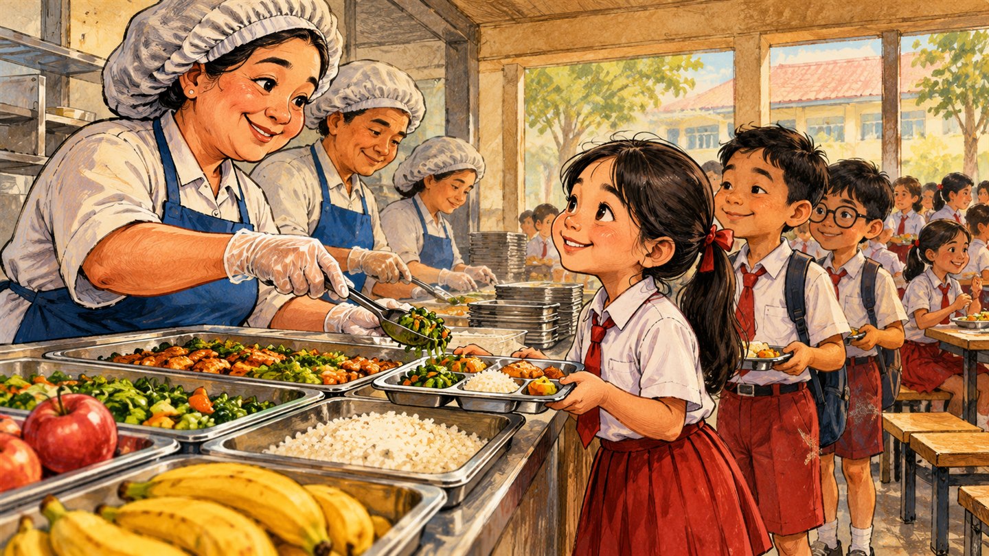 Karikatur konseptual: Petugas melayani sajian prasmanan dalam ilustrasi ruang makan sekolah. Bukan foto kejadian atau potret tokoh sebenarnya.