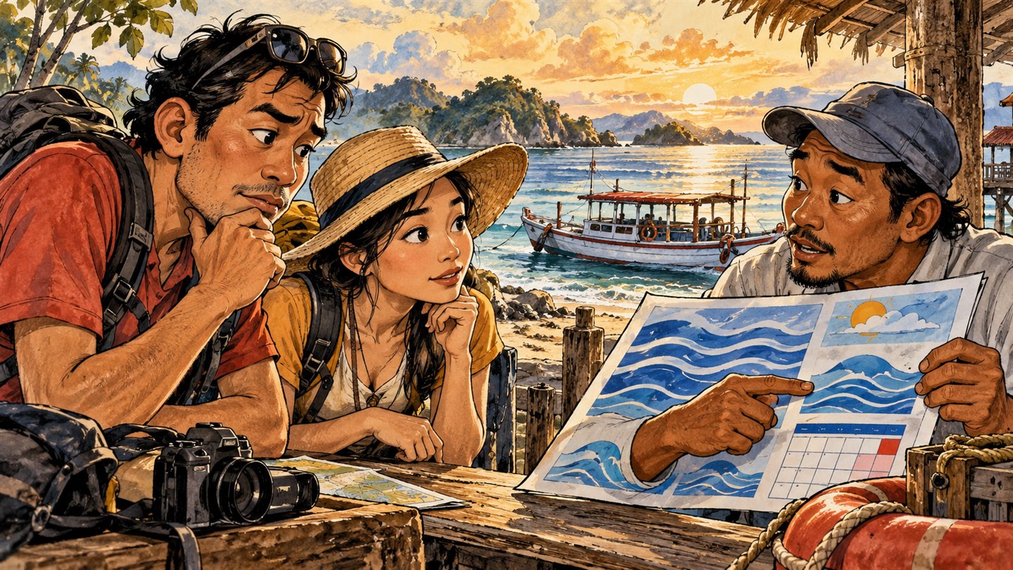 Karikatur konseptual: Pelancong pesisir fiktif membaca informasi gelombang sebelum perjalanan. Bukan foto kejadian atau potret tokoh sebenarnya.