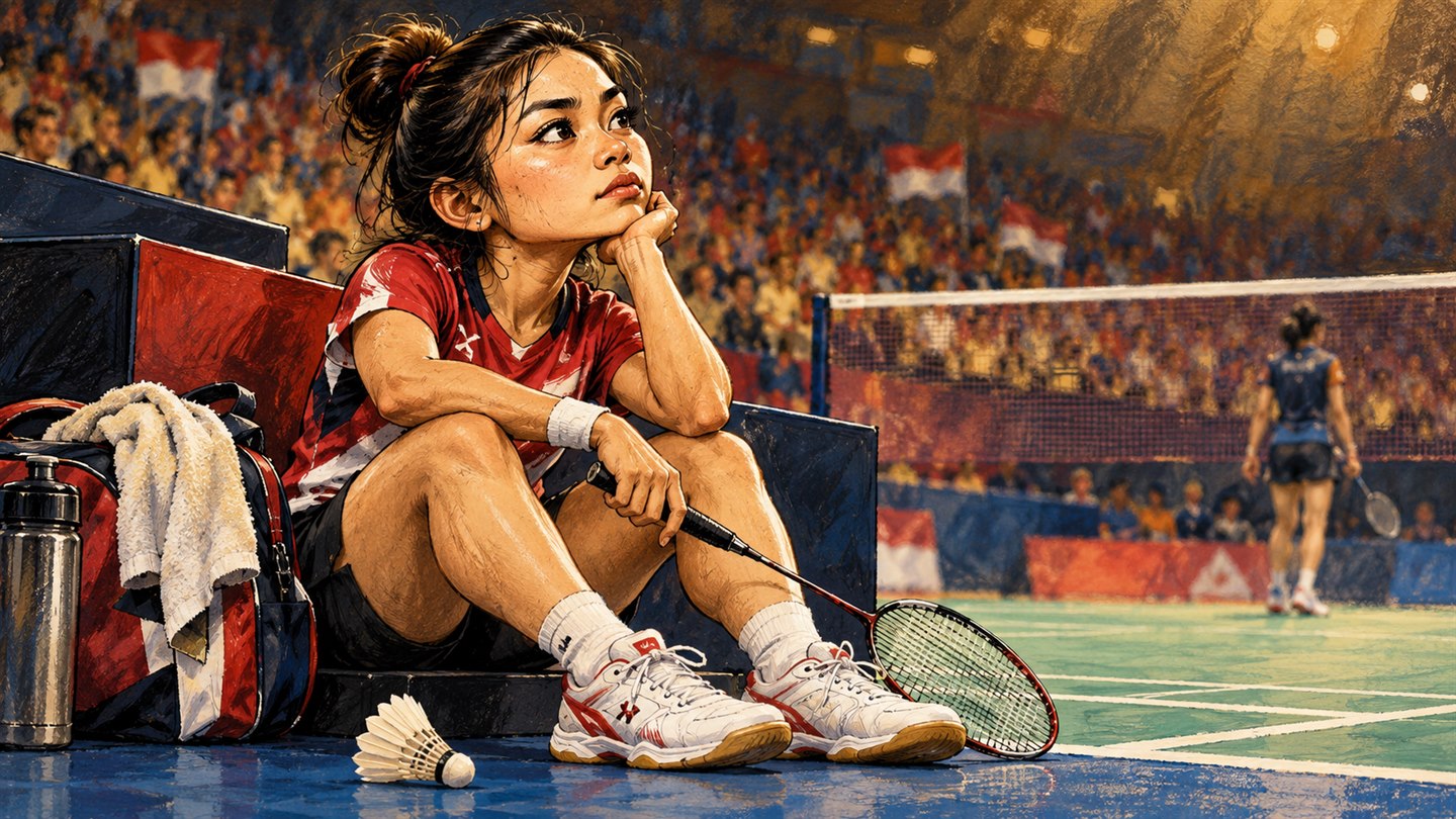 Karikatur konseptual: Pemain badminton putri fiktif mengevaluasi permainan di sisi lapangan. Bukan foto kejadian atau potret tokoh sebenarnya.