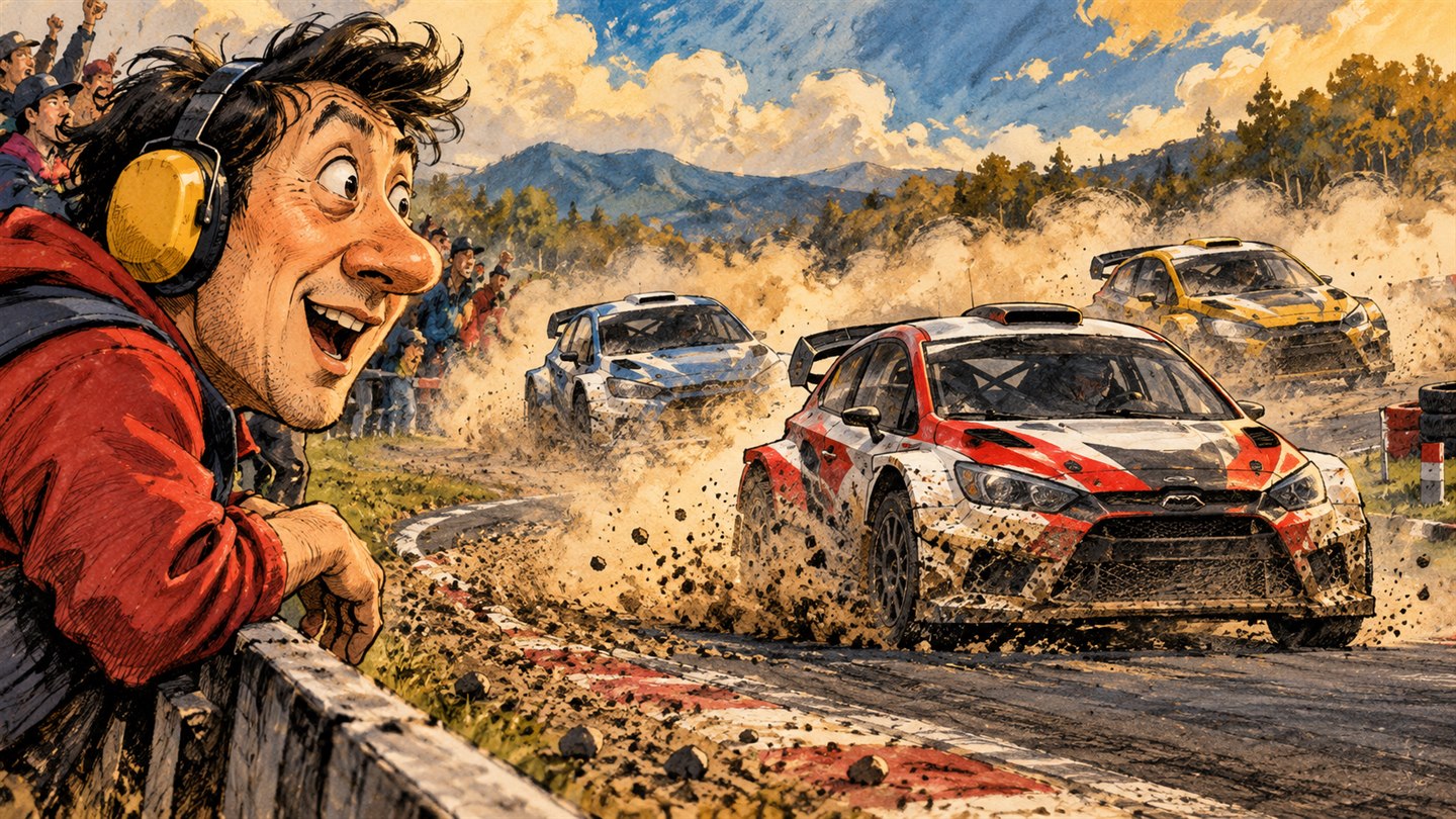 Karikatur konseptual: Penonton mengenal balapan rallycross dengan perlindungan pendengaran. Bukan foto kejadian atau potret tokoh sebenarnya.