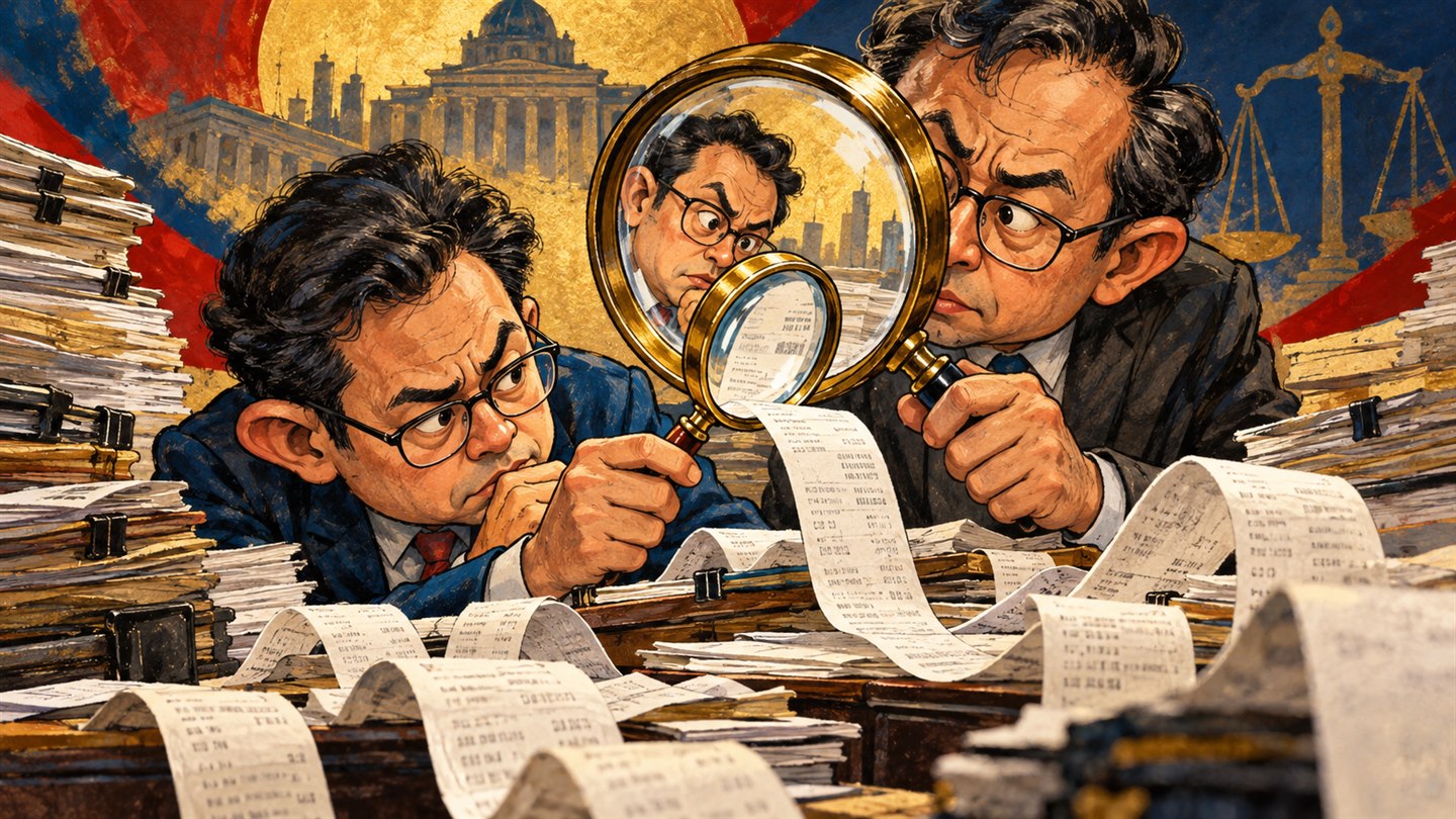 Karikatur konseptual: Pemeriksa fiktif menelusuri catatan dan saling memeriksa pekerjaan. Bukan foto kejadian atau potret tokoh sebenarnya.