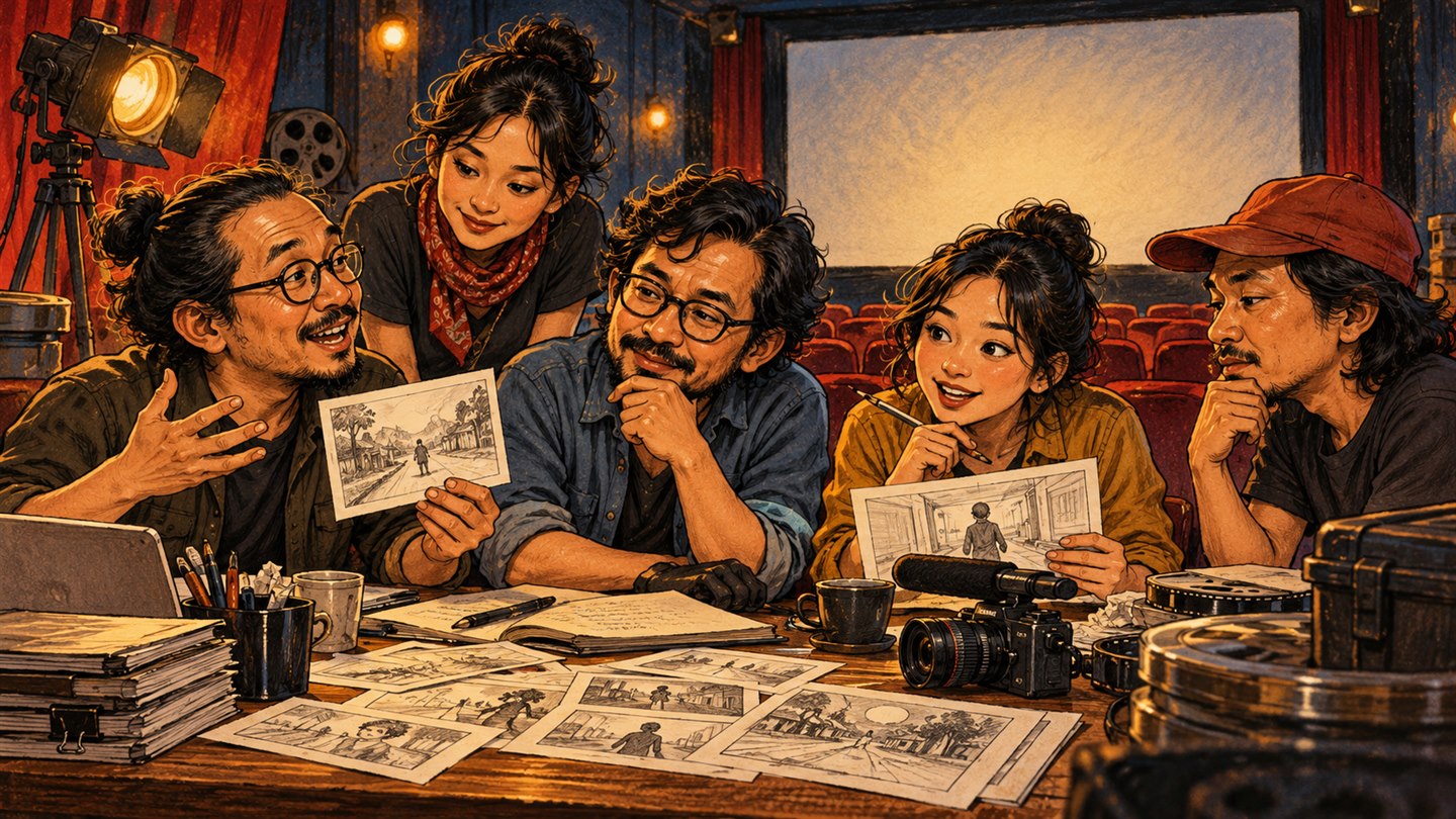 Karikatur konseptual: Pembuat film fiktif bekerja bersama dengan storyboard dan kamera. Bukan foto kejadian atau potret tokoh sebenarnya.