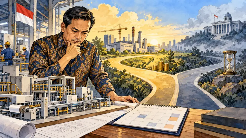 Ilustrasi editorial pengusaha mempertimbangkan mesin dan keputusan investasi; bukan perusahaan yang dilaporkan menunda proyek.