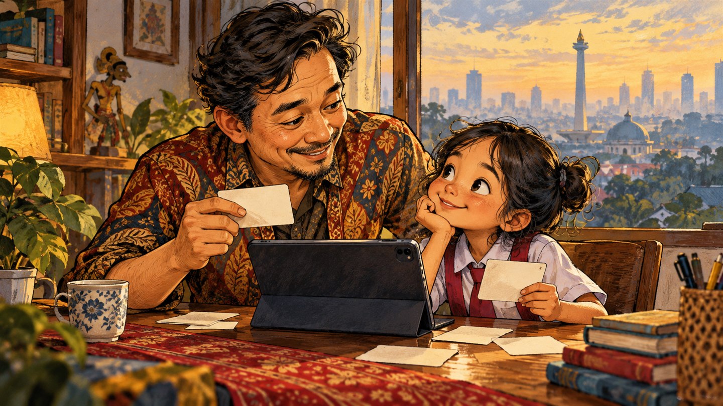 Karikatur konseptual: Orang tua dan anak fiktif belajar di rumah dengan perangkat dan kartu tanya-jawab. Bukan foto kejadian atau potret tokoh sebenarnya.