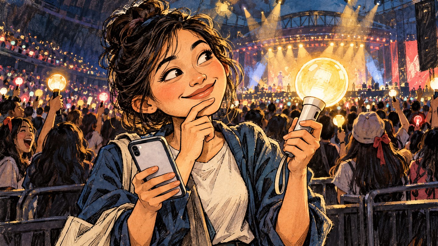 Karikatur konseptual: Penggemar konser fiktif mempertimbangkan light stick dan aturan acara. Bukan foto kejadian atau potret tokoh sebenarnya.