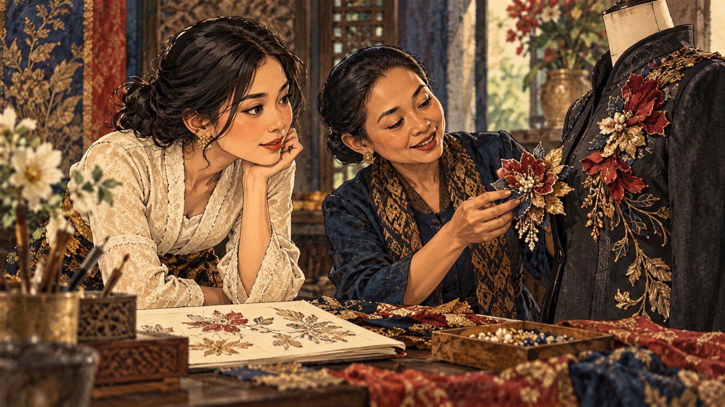 Karikatur konseptual: Perempuan dan perajin fiktif mengamati aksen bunga tekstil pada pakaian. Bukan foto kejadian atau potret tokoh sebenarnya.