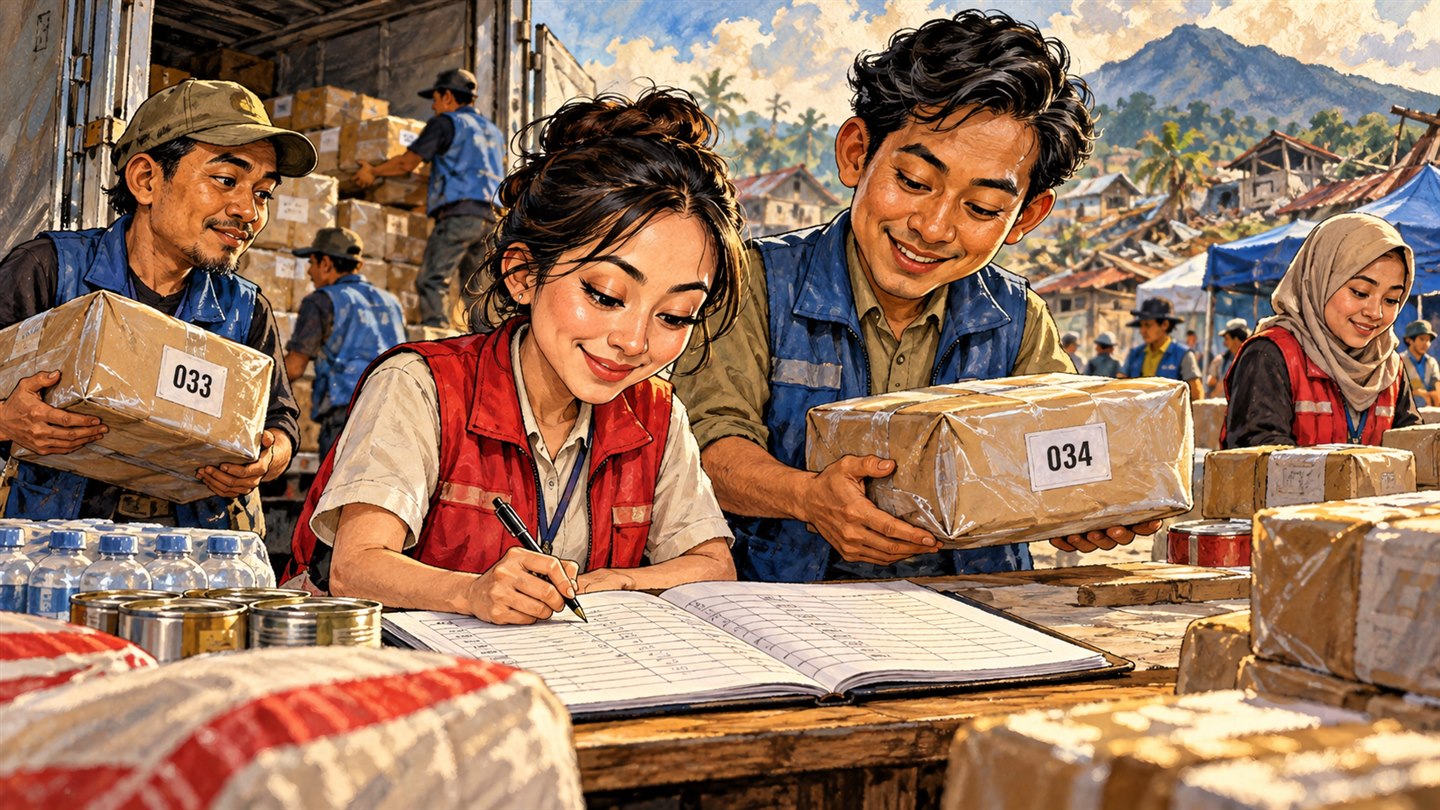 Karikatur konseptual: Relawan fiktif mencatat paket bantuan agar penyalurannya dapat ditelusuri. Bukan foto kejadian atau potret tokoh sebenarnya.