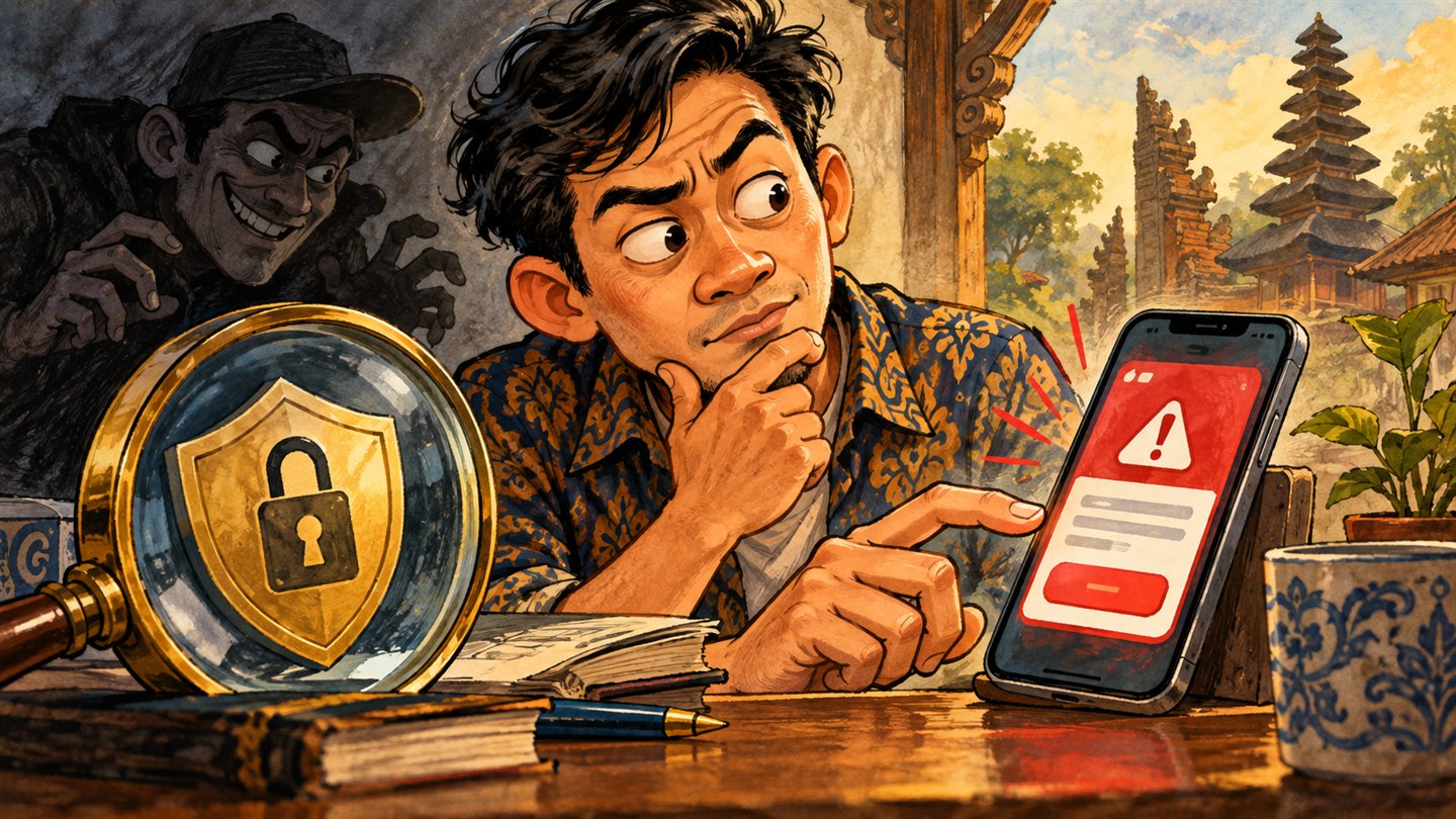 Karikatur konseptual: Pengguna ponsel fiktif memeriksa pesan mencurigakan dan keamanan akun. Bukan foto kejadian atau potret tokoh sebenarnya.